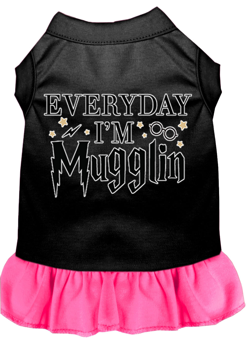 Everyday I'm Mugglin Screen Print Dog Dress Black with Bright Pink Lg